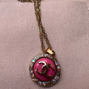 CHANEL Pink and Gold Necklace with Crystal Accents
